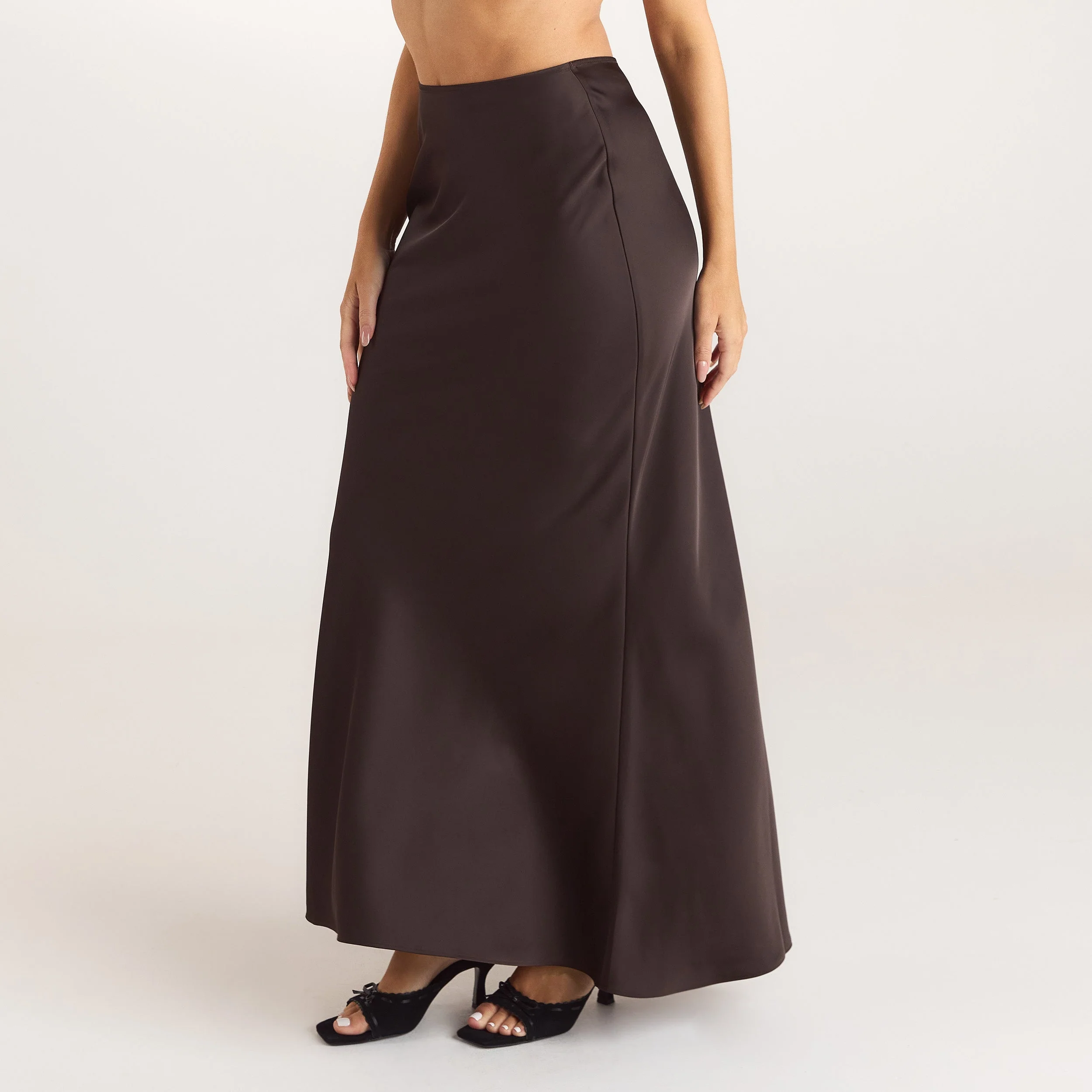 Satin Fitted Maxi Skirt - Chocolate - Image 5