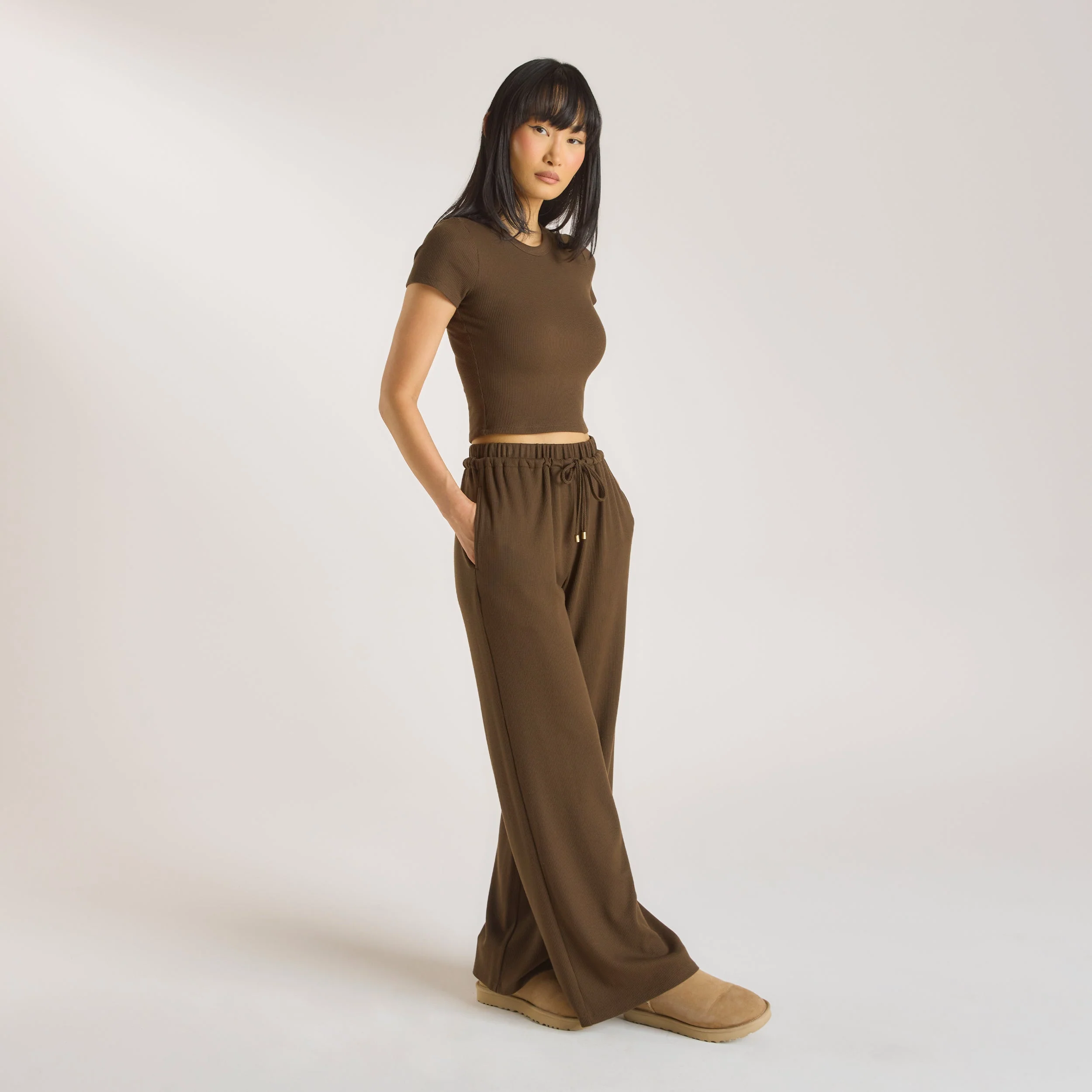 Waffle Wide Leg Pants - Chocolate - Image 3